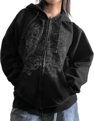 Karwuiio Women Men Zip Up Hoodie Y2k Vintage Graphic Oversized Sweatshirt Jacket Pullover Coats Gothic Streetwear