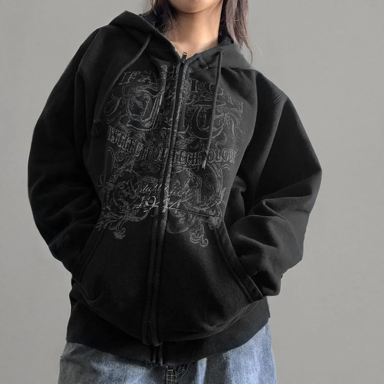 Karwuiio Women Men Zip Up Hoodie Y2k Vintage Graphic Oversized Sweatshirt Jacket Pullover Coats Gothic Streetwear