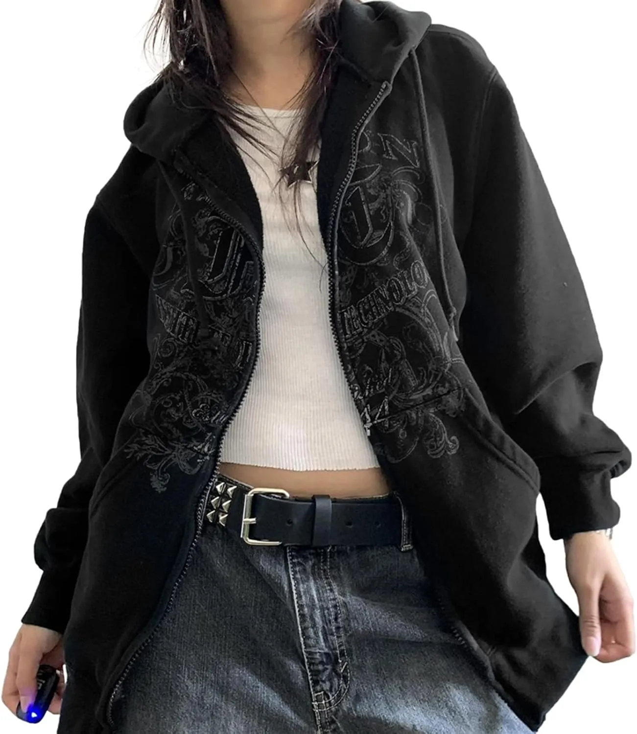 Karwuiio Women Men Zip Up Hoodie Y2k Vintage Graphic Oversized Sweatshirt Jacket Pullover Coats Gothic Streetwear
