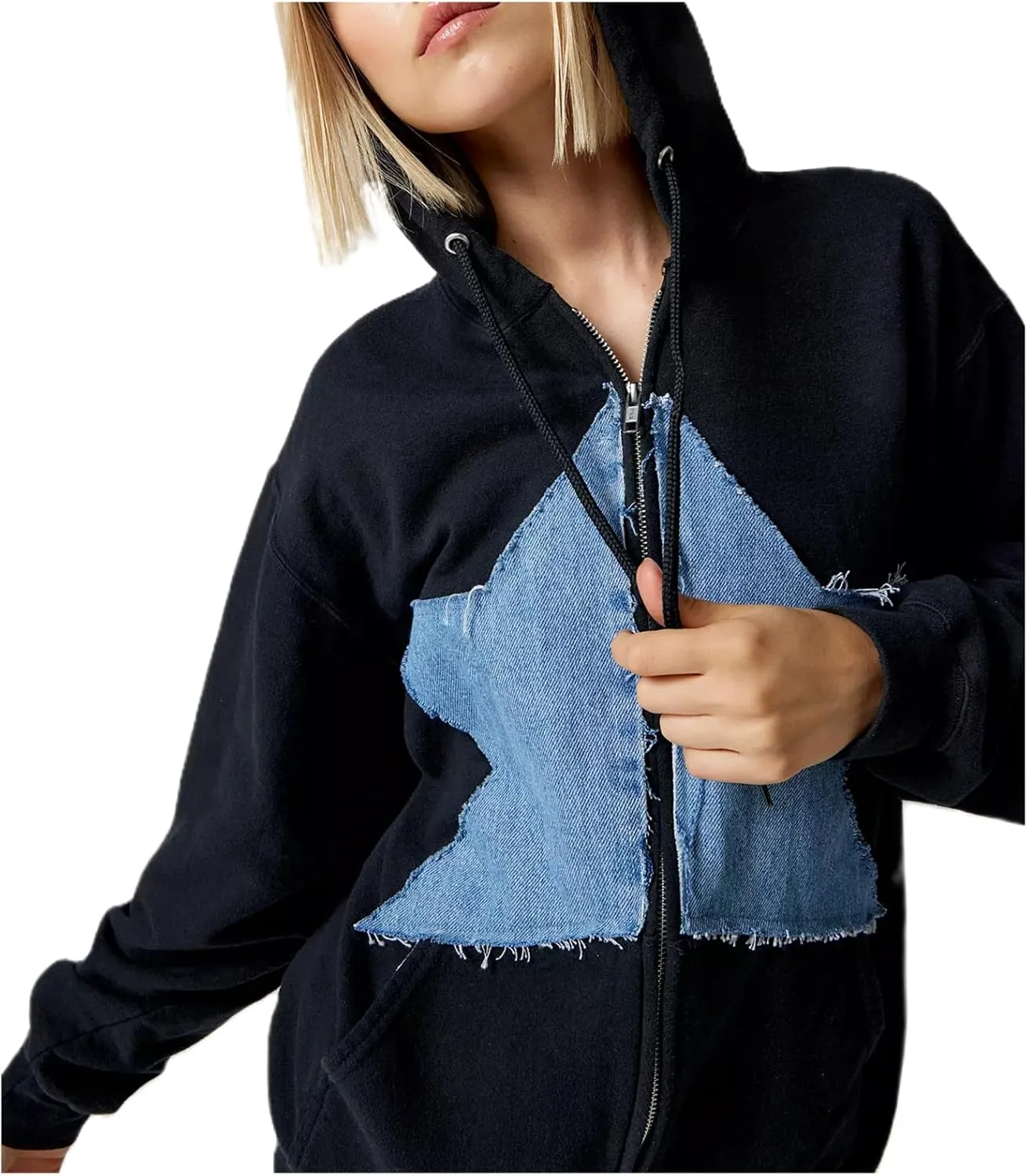 Karwuiio Women Y2k Zip Up Hoodies Star Graphic Long Sleeve Jackets Hip Hop Harajuku Oversized Hooded Sweatshirt