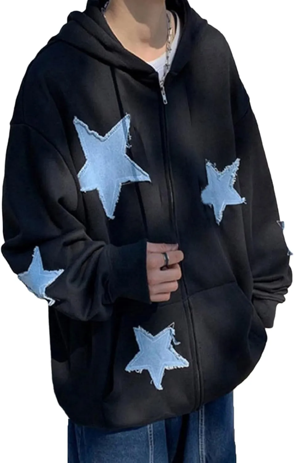 Karwuiio Women Y2k Zip Up Hoodies Star Graphic Long Sleeve Jackets Hip Hop Harajuku Oversized Hooded Sweatshirt