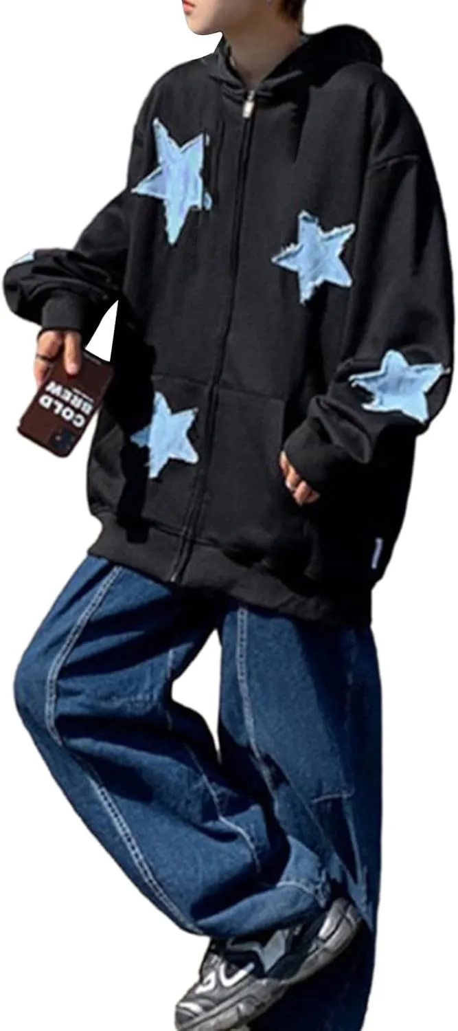 Karwuiio Women Y2k Zip Up Hoodies Star Graphic Long Sleeve Jackets Hip Hop Harajuku Oversized Hooded Sweatshirt