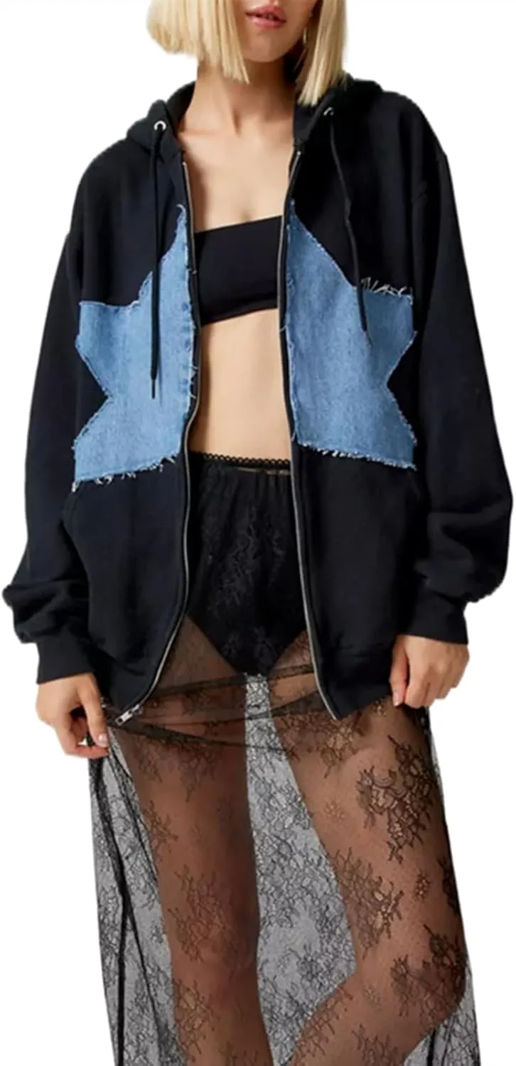 Karwuiio Women Y2k Zip Up Hoodies Star Graphic Long Sleeve Jackets Hip Hop Harajuku Oversized Hooded Sweatshirt