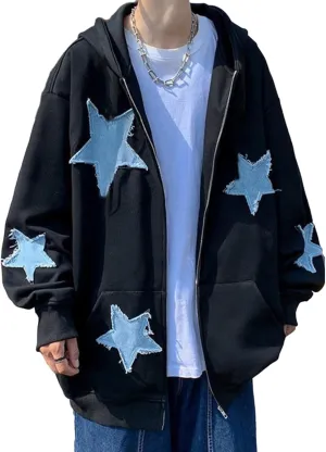 Karwuiio Women Y2k Zip Up Hoodies Star Graphic Long Sleeve Jackets Hip Hop Harajuku Oversized Hooded Sweatshirt