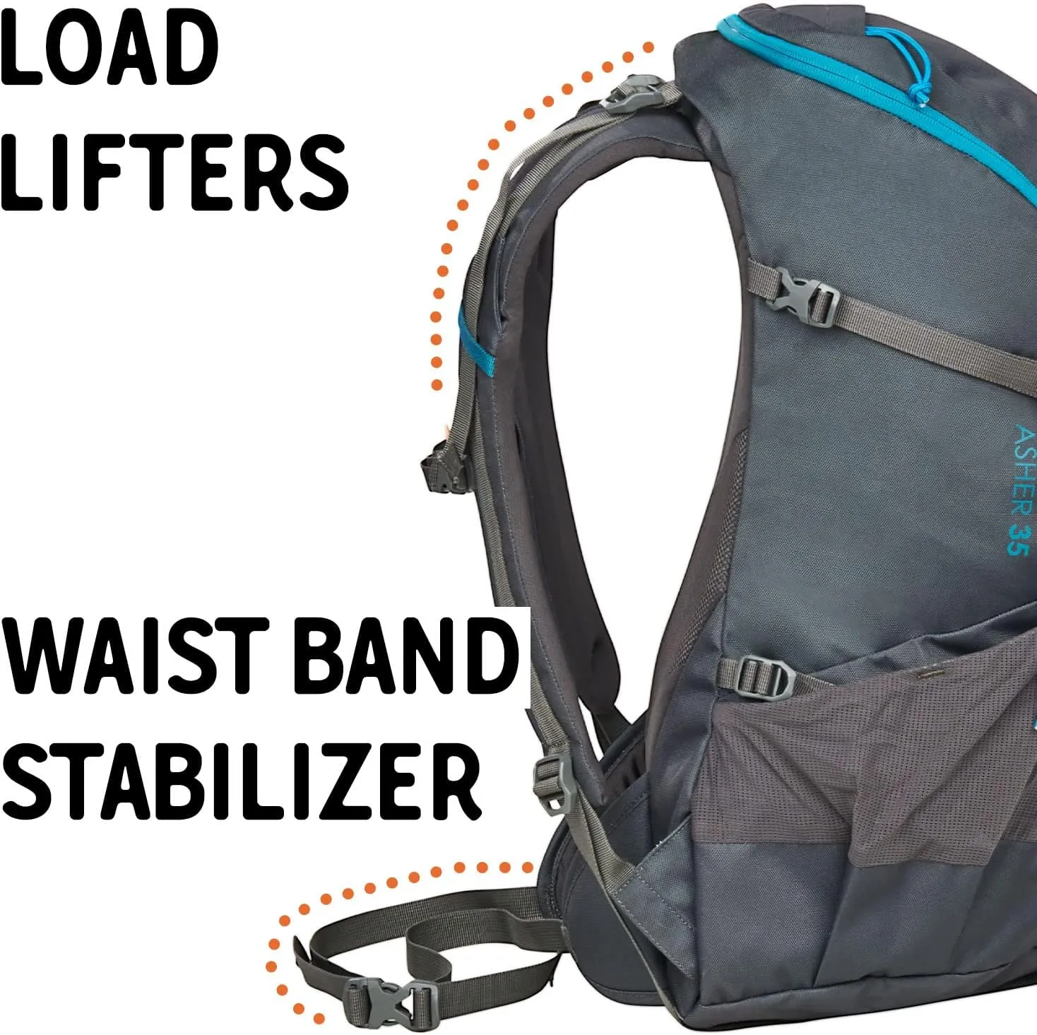 Kelty Asher Day Hiking Pack, 18-85 Liter Capacity, Hiking, Backpacking, Travel Pack, Internal Frame 2023 Model (35L Beluga)