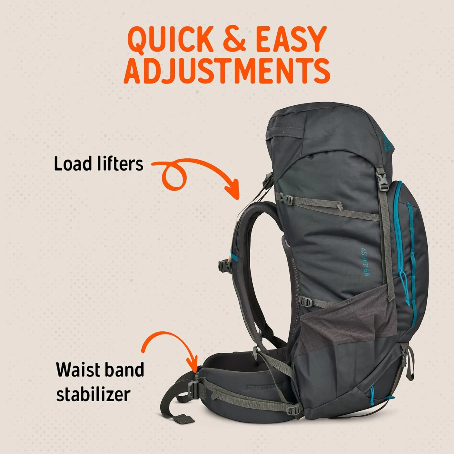 Kelty Asher Day Hiking Pack, 18-85 Liter Capacity, Hiking, Backpacking, Travel Pack, Internal Frame 2023 Model (65L Beluga)