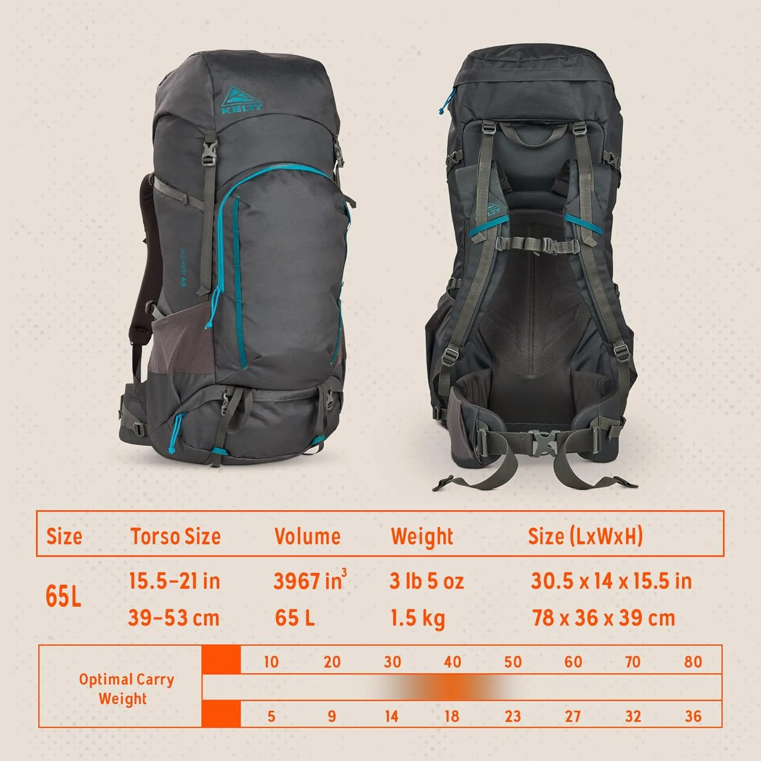 Kelty Asher Day Hiking Pack, 18-85 Liter Capacity, Hiking, Backpacking, Travel Pack, Internal Frame 2023 Model (65L Beluga)