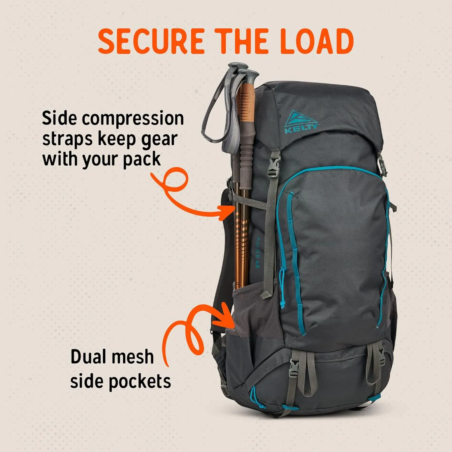 Kelty Asher Day Hiking Pack, 18-85 Liter Capacity, Hiking, Backpacking, Travel Pack, Internal Frame 2023 Model (65L Beluga)