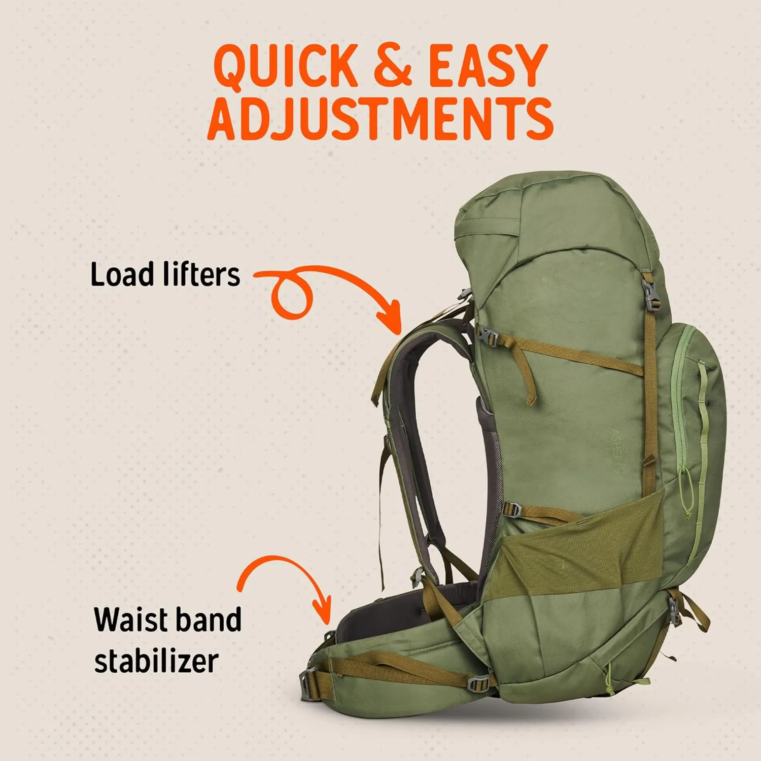 Kelty Asher Day Hiking Pack, 18-85 Liter Capacity, Hiking, Backpacking, Travel Pack, Internal Frame 2023 Model (65L Winter Moss)
