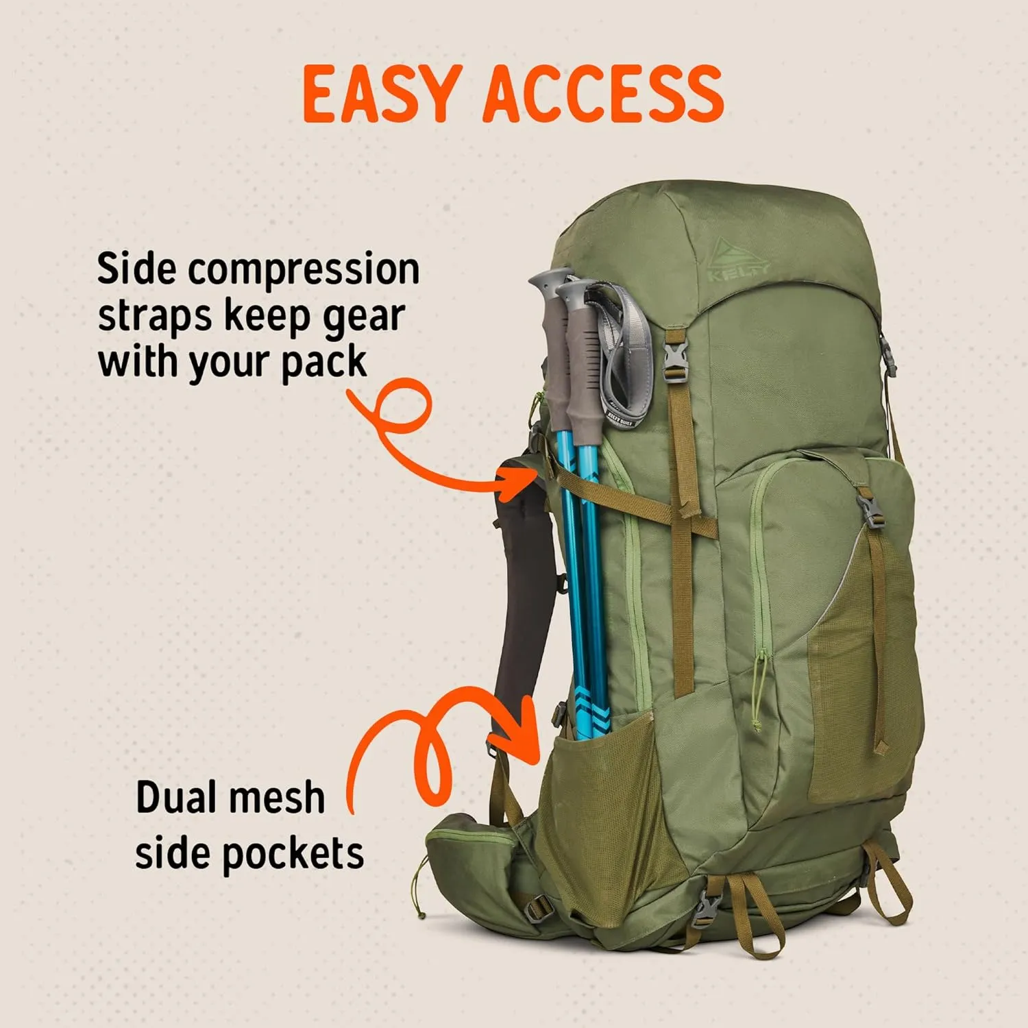 Kelty Asher Day Hiking Pack, 18-85 Liter Capacity, Hiking, Backpacking, Travel Pack, Internal Frame 2023 Model (85L Winter Moss)