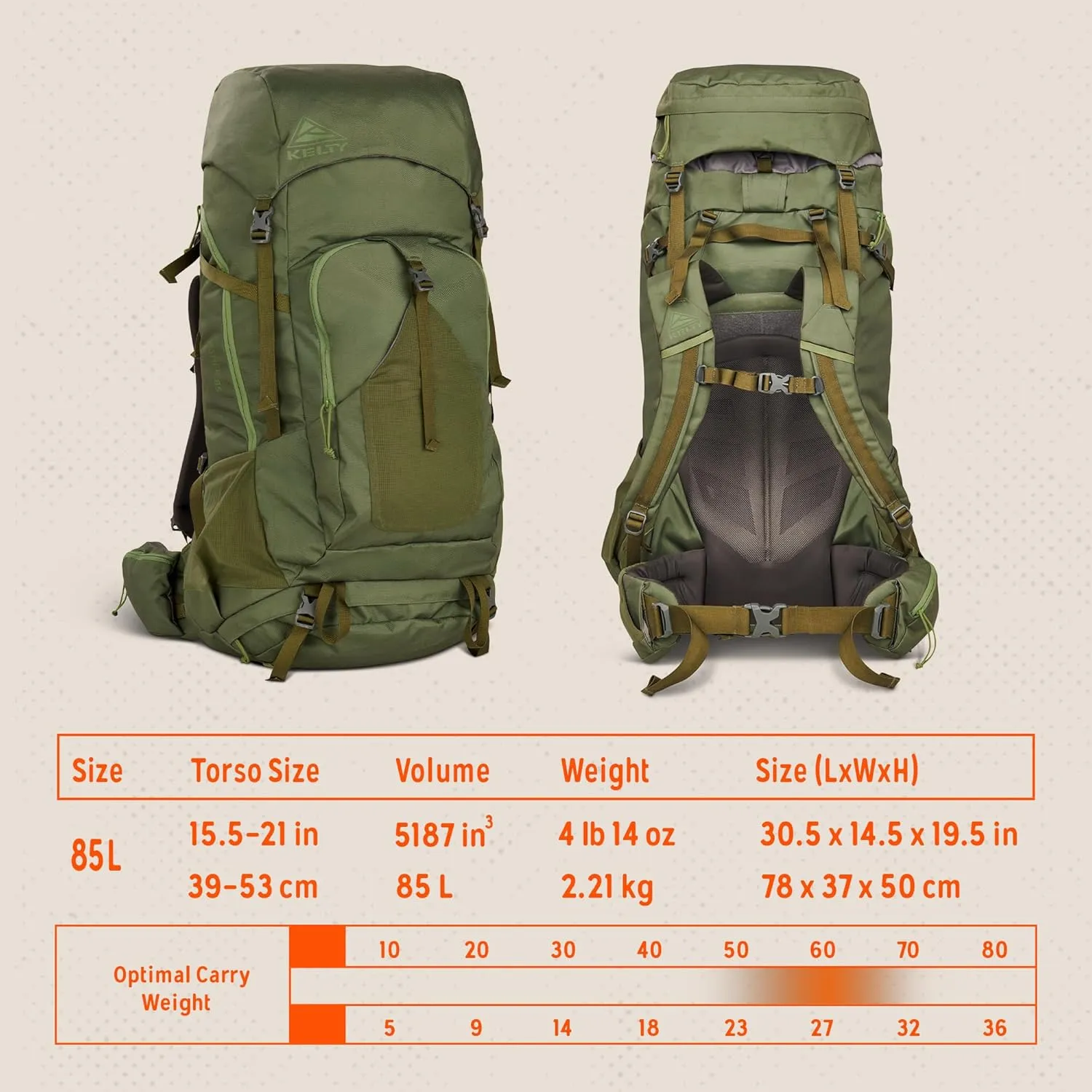 Kelty Asher Day Hiking Pack, 18-85 Liter Capacity, Hiking, Backpacking, Travel Pack, Internal Frame 2023 Model (85L Winter Moss)
