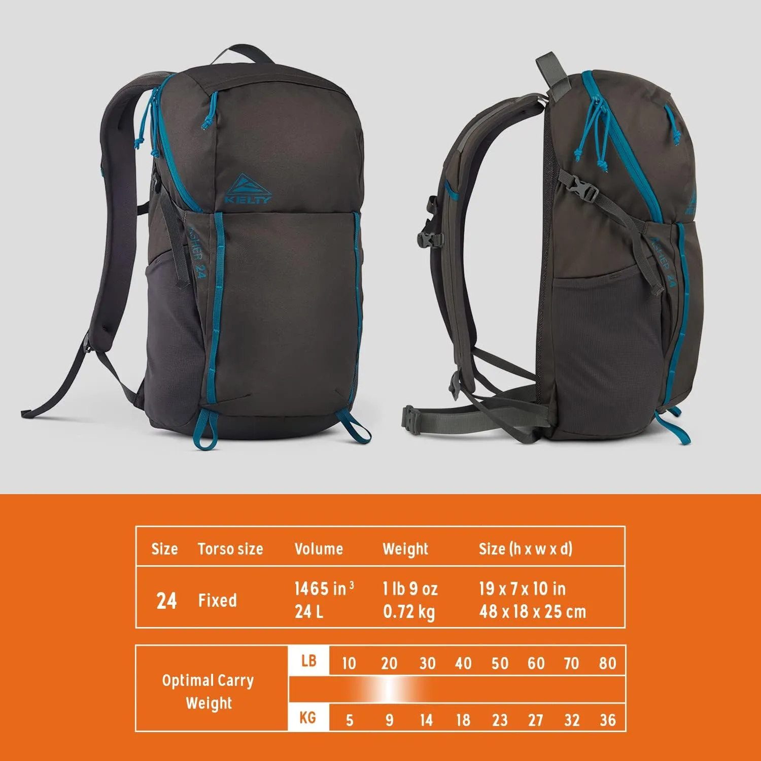 Kelty Asher Day Hiking Pack, 18-85 Liter Capacity, Men’s and Women’s Hiking, Backpacking, Travel Pack, Hydration Compatible, Internal Frame 2023 Model (24L Beluga)