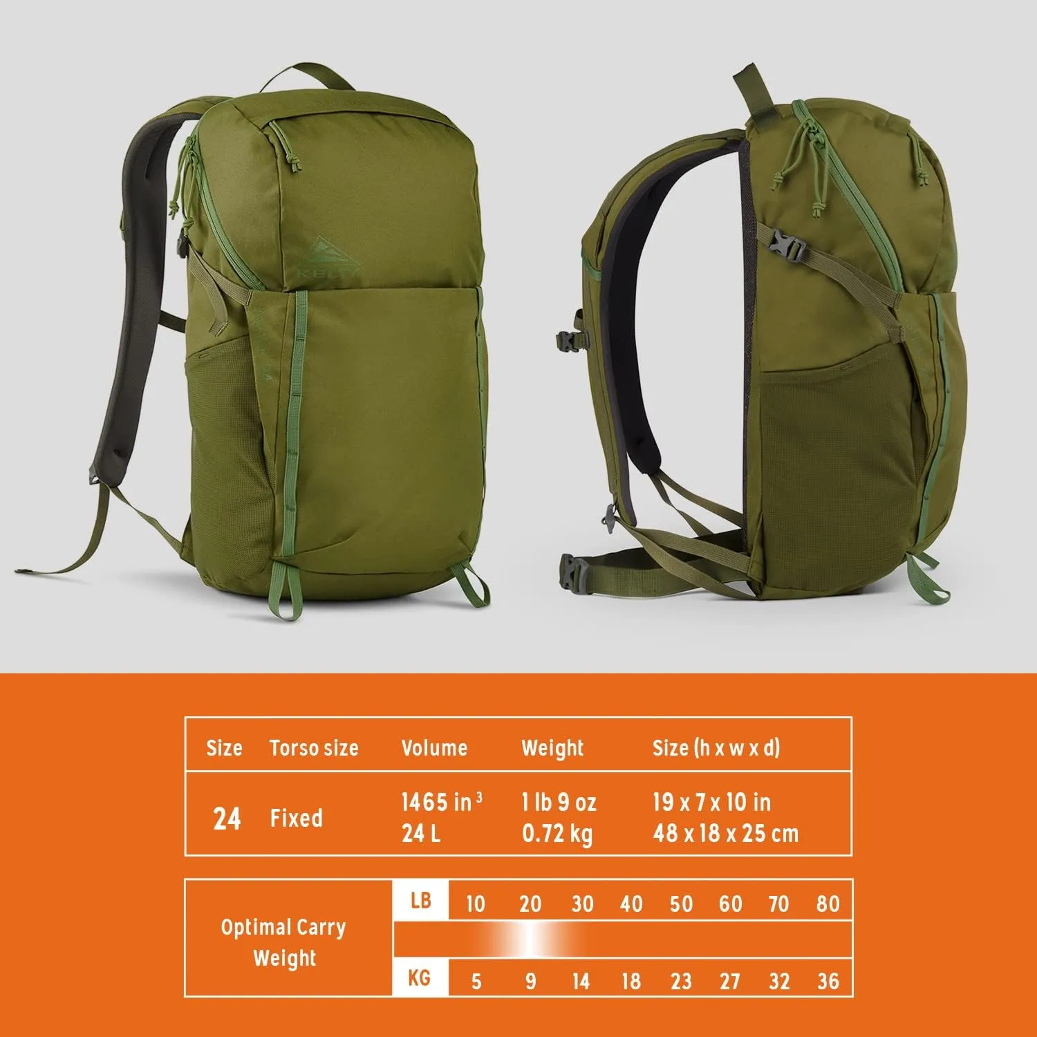 Kelty Asher Day Hiking Pack, 18-85 Liter Capacity, Men’s and Women’s Hiking, Backpacking, Travel Pack, Hydration Compatible, Internal Frame 2023 Model (24L Moss)