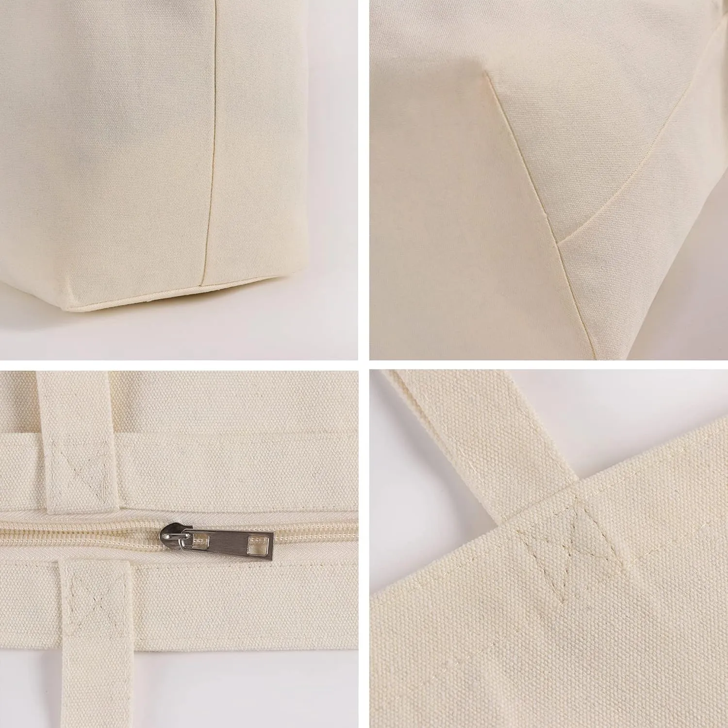 Koolmox Tote Bags with Zipper, Reinforced Handles and Widen Bottom, 13.5x13.5x3.5 Canvas Tote Bag, Grocery Shopping Beach Reusable Totes Bags Vacation Bag Plain Solid Beige, 3 PACK