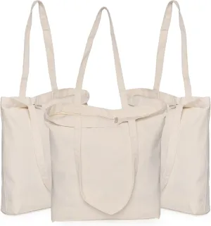 Koolmox Tote Bags with Zipper, Reinforced Handles and Widen Bottom, 13.5x13.5x3.5 Canvas Tote Bag, Grocery Shopping Beach Reusable Totes Bags Vacation Bag Plain Solid Beige, 3 PACK