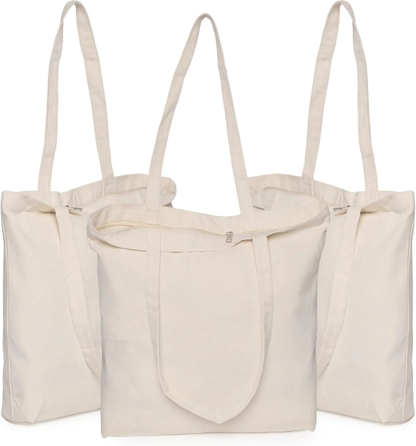 Koolmox Tote Bags with Zipper, Reinforced Handles and Widen Bottom, 13.5x13.5x3.5 Canvas Tote Bag, Grocery Shopping Beach Reusable Totes Bags Vacation Bag Plain Solid Beige, 3 PACK