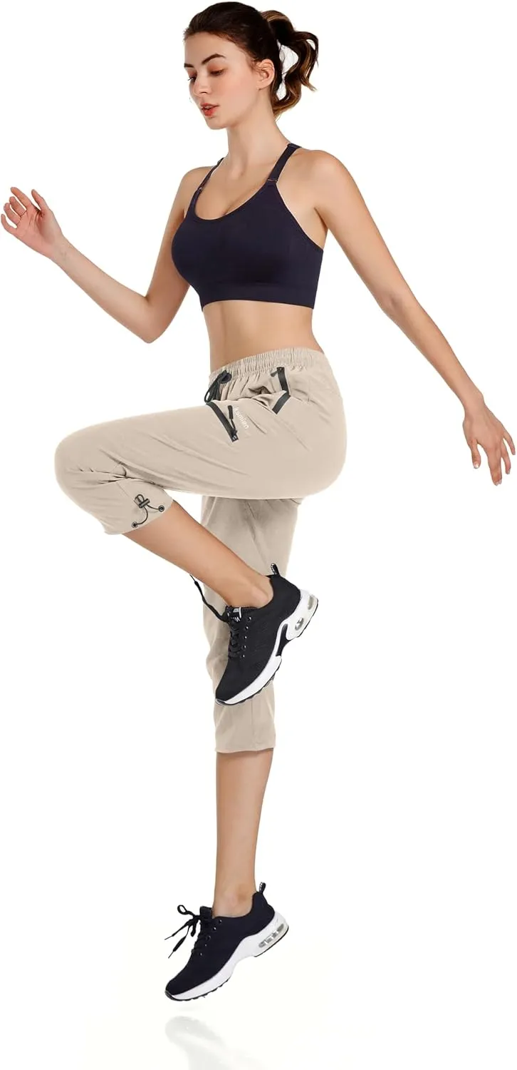 Ksmien Women's Lightweight Hiking Capri Pants Quick Dry Workout Cargo Capris Water Resistant UPF 50  Zipped Pockets