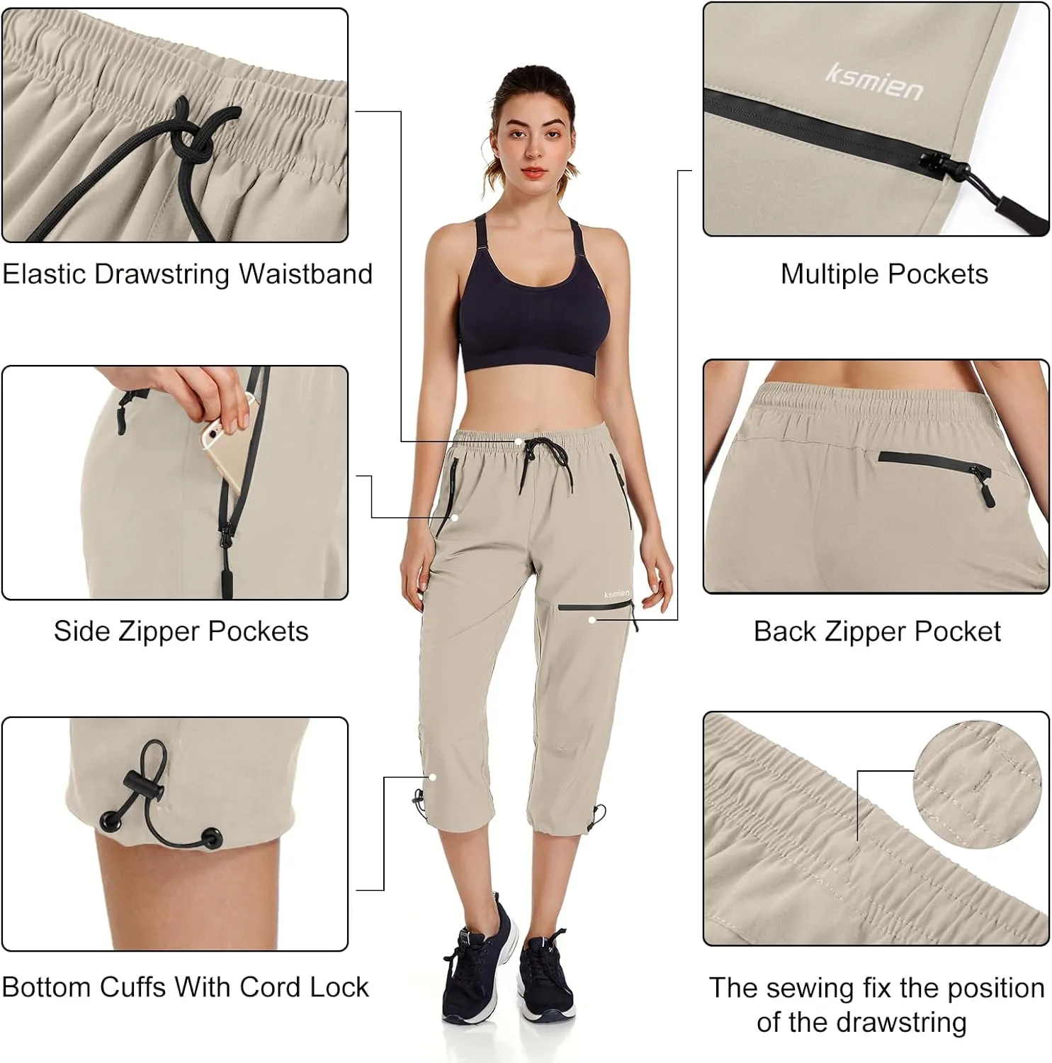 Ksmien Women's Lightweight Hiking Capri Pants Quick Dry Workout Cargo Capris Water Resistant UPF 50  Zipped Pockets