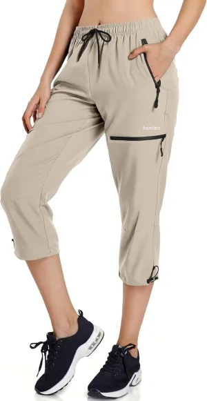Ksmien Women's Lightweight Hiking Capri Pants Quick Dry Workout Cargo Capris Water Resistant UPF 50  Zipped Pockets