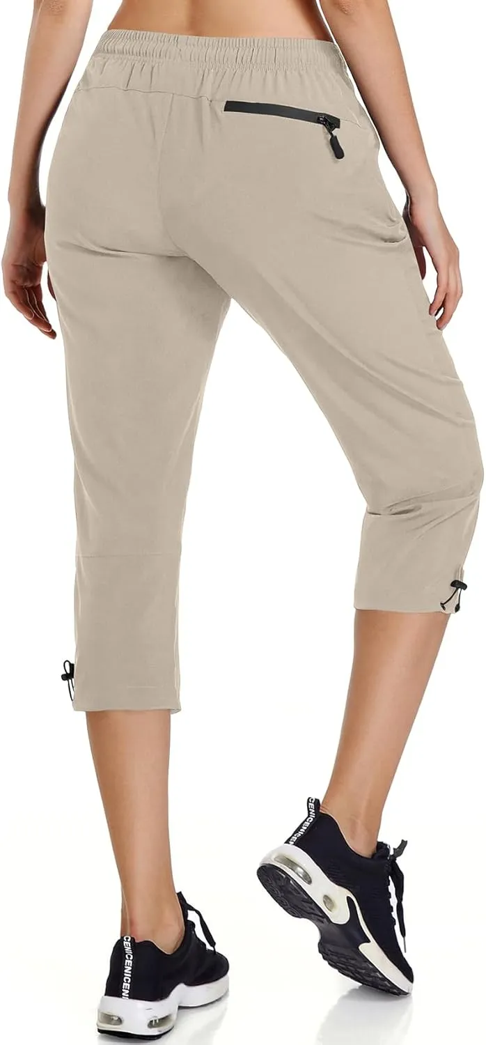 Ksmien Women's Lightweight Hiking Capri Pants Quick Dry Workout Cargo Capris Water Resistant UPF 50  Zipped Pockets