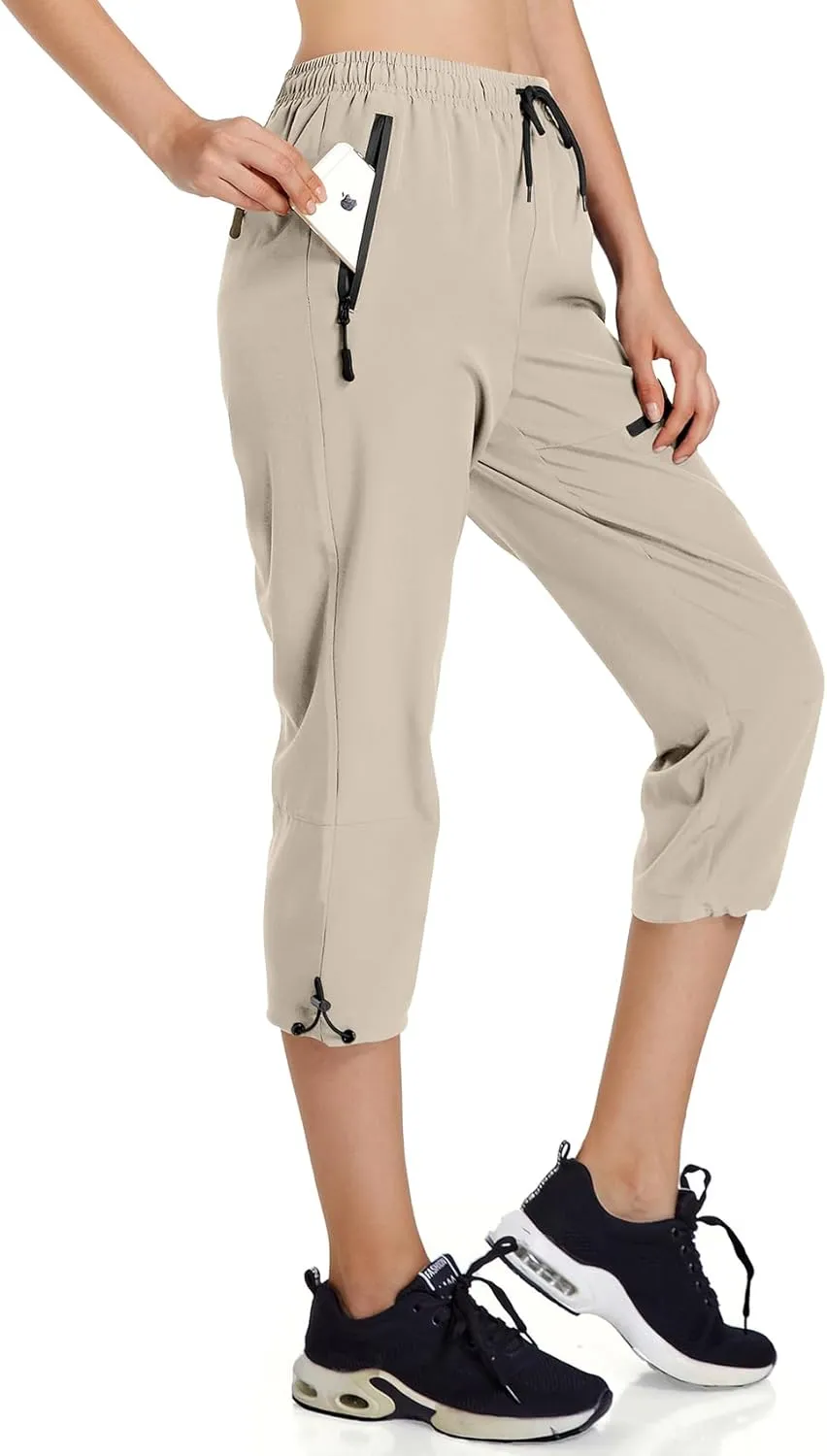 Ksmien Women's Lightweight Hiking Capri Pants Quick Dry Workout Cargo Capris Water Resistant UPF 50  Zipped Pockets