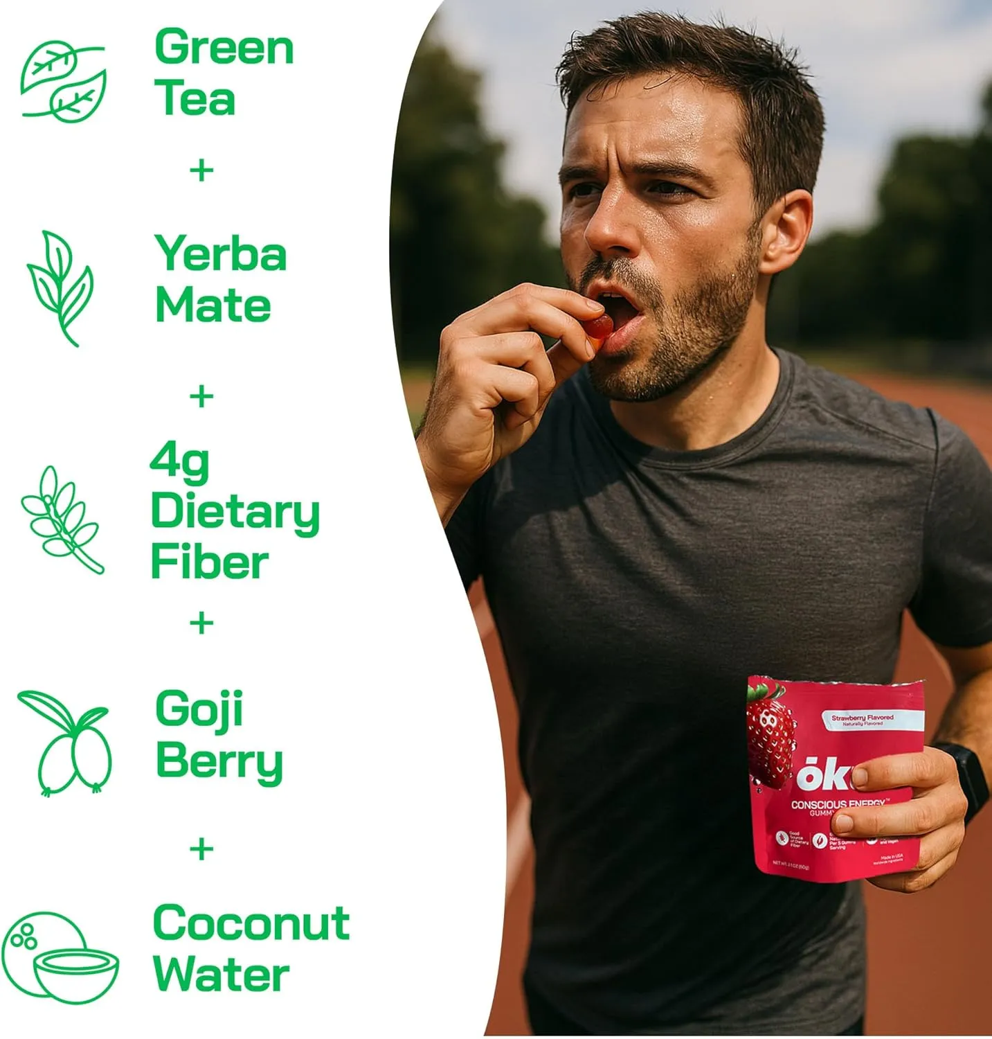 ōku Energy Chews - Energy Gummies w/Natural Caffeine from Green Tea | Yerba Mate, Coconut Water for Hydration, 4g Fiber Gummy, Non-GMO | Running, Cycling, On-The-Go Snacks, Variety Pack (8-Pack)