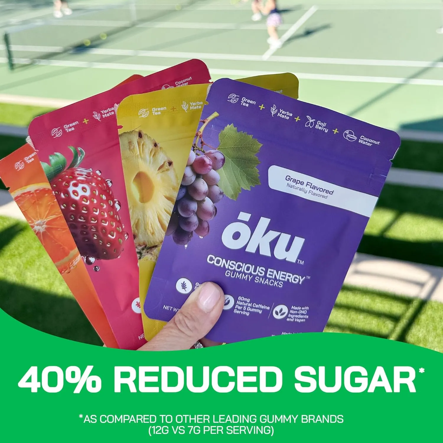 ōku Energy Chews - Energy Gummies w/Natural Caffeine from Green Tea | Yerba Mate, Coconut Water for Hydration, 4g Fiber Gummy, Non-GMO | Running, Cycling, On-The-Go Snacks, Variety Pack (8-Pack)