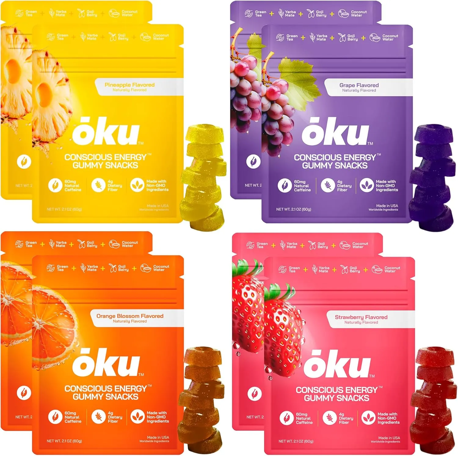 ōku Energy Chews - Energy Gummies w/Natural Caffeine from Green Tea | Yerba Mate, Coconut Water for Hydration, 4g Fiber Gummy, Non-GMO | Running, Cycling, On-The-Go Snacks, Variety Pack (8-Pack)