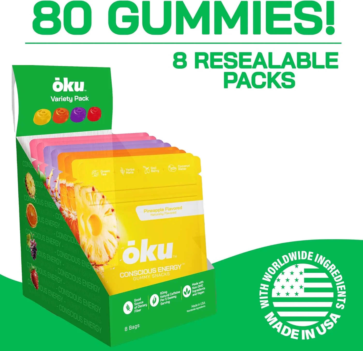 ōku Energy Chews - Energy Gummies w/Natural Caffeine from Green Tea | Yerba Mate, Coconut Water for Hydration, 4g Fiber Gummy, Non-GMO | Running, Cycling, On-The-Go Snacks, Variety Pack (8-Pack)