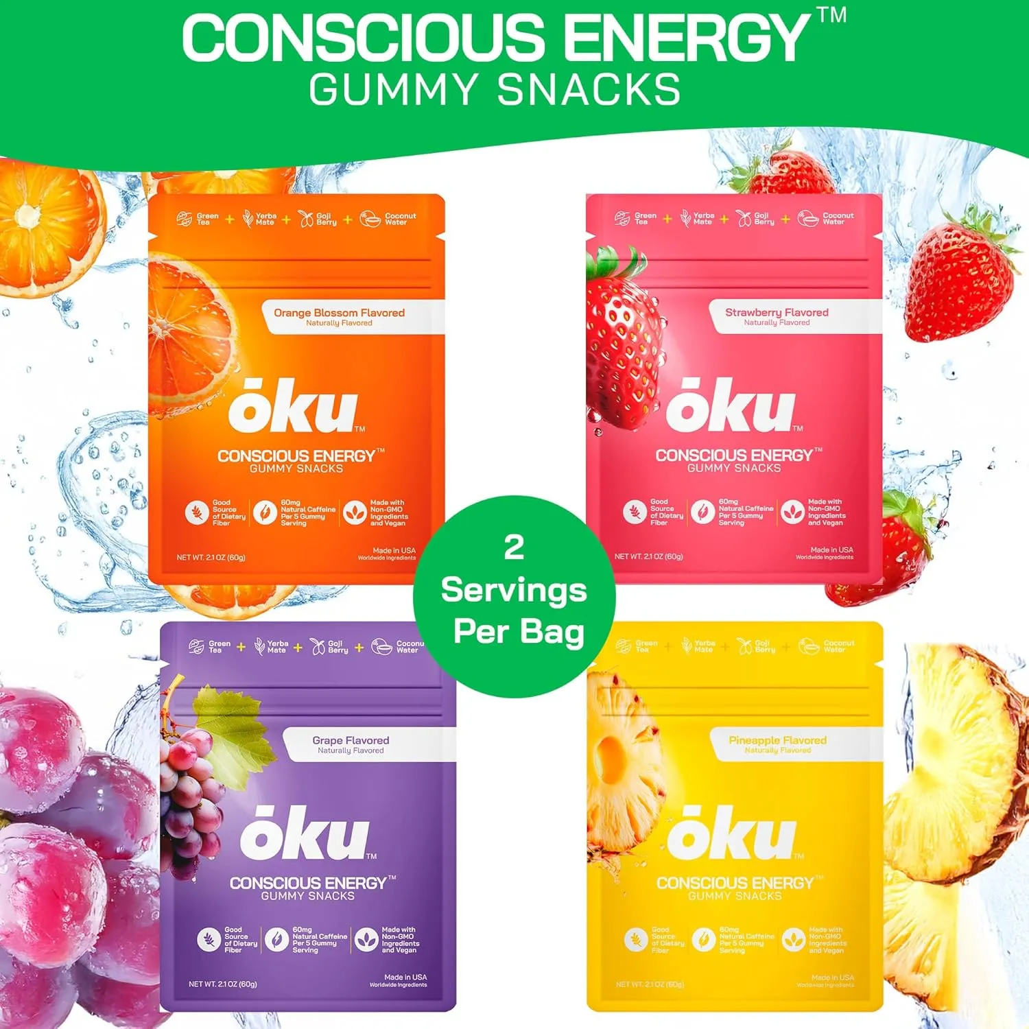 ōku Energy Chews - Energy Gummies w/Natural Caffeine from Green Tea | Yerba Mate, Coconut Water for Hydration, 4g Fiber Gummy, Non-GMO | Running, Cycling, On-The-Go Snacks, Variety Pack (8-Pack)
