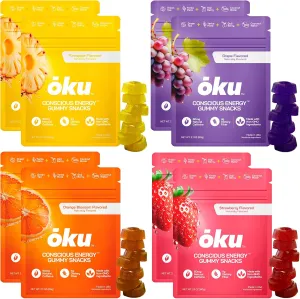 ōku Energy Chews - Energy Gummies w/Natural Caffeine from Green Tea | Yerba Mate, Coconut Water for Hydration, 4g Fiber Gummy, Non-GMO | Running, Cycling, On-The-Go Snacks, Variety Pack (8-Pack)
