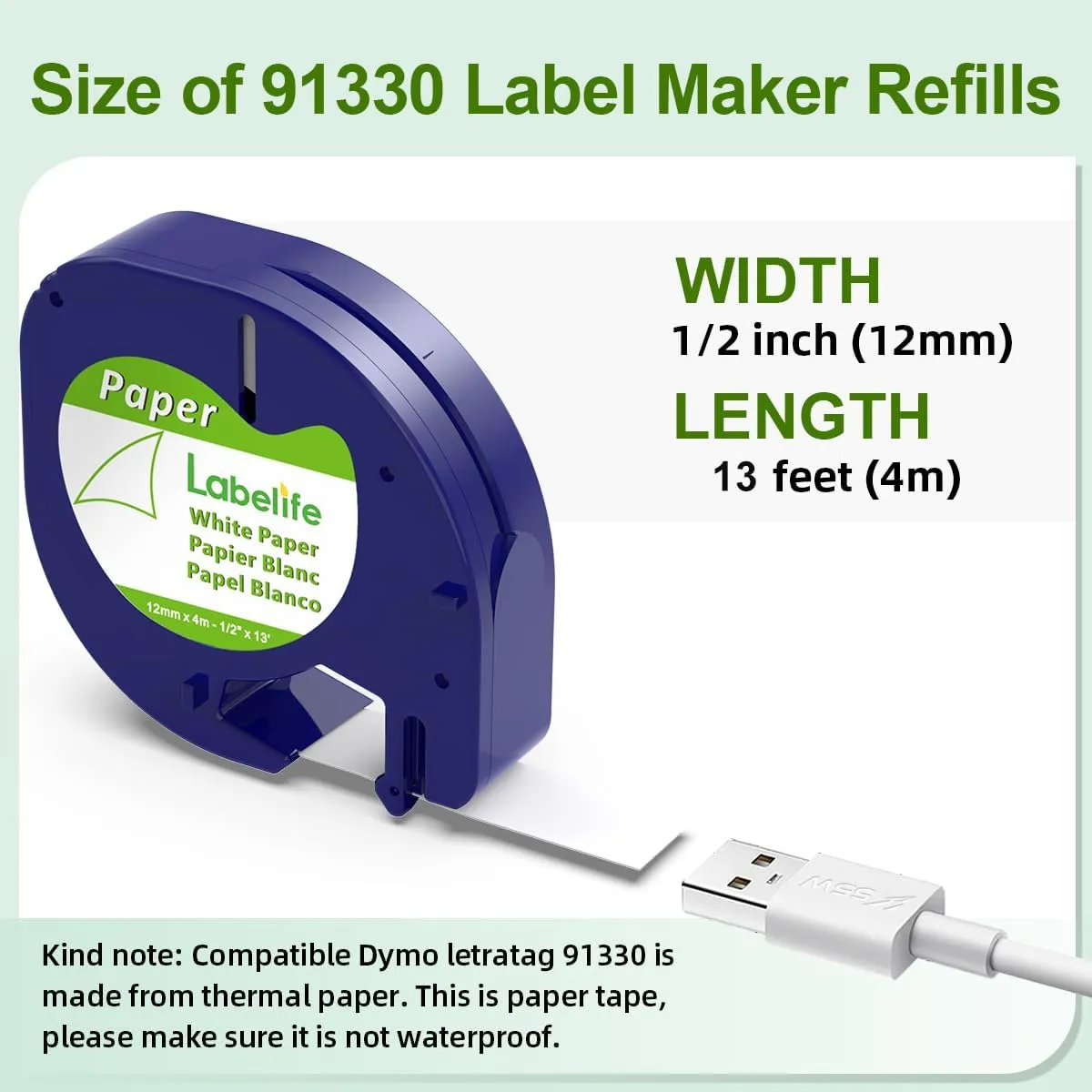 Labelife Label Tape Replace for DYMO LetraTag Label Maker Refills 91330 10697 Black on White Paper Refill for DYMO Letra Tag LT 100H LT-100T 200B QX50, 12mm x 4m 1/2'' x 13', 6-Pack