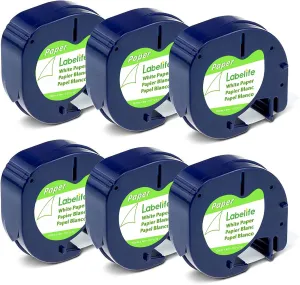 Labelife Label Tape Replace for DYMO LetraTag Label Maker Refills 91330 10697 Black on White Paper Refill for DYMO Letra Tag LT 100H LT-100T 200B QX50, 12mm x 4m 1/2'' x 13', 6-Pack
