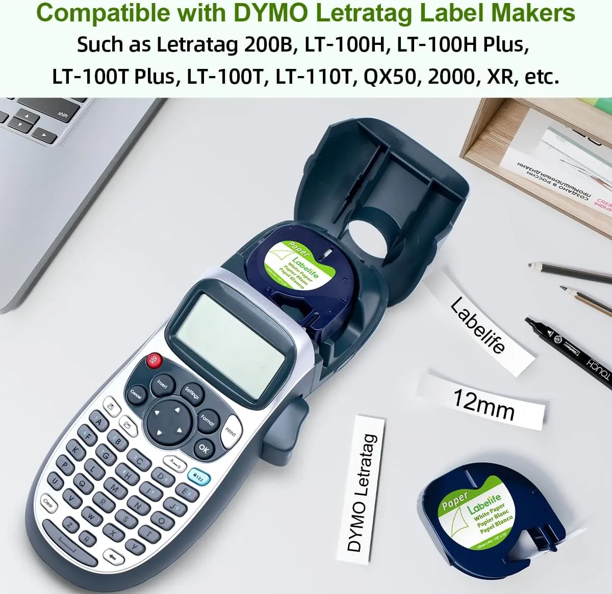 Labelife Label Tape Replace for DYMO LetraTag Label Maker Refills 91330 10697 Black on White Paper Refill for DYMO Letra Tag LT 100H LT-100T 200B QX50, 12mm x 4m 1/2'' x 13', 6-Pack