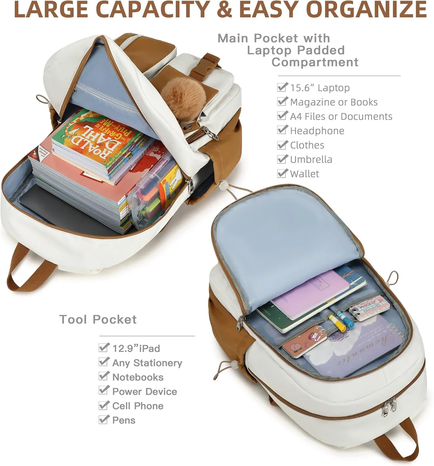 Laptop Backpack 15.6 Inch Kids Elementary Middle High School Bag College Backpacks Anti Theft Travel Back Pack Large Bookbags for Teens Girls Women Students (Beige Khaki)