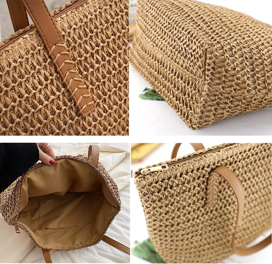 Large Straw Beach Bag for Womens, Straw Handbag Woven Tote Bag With Zipper Summer Straw Shoulder Bag