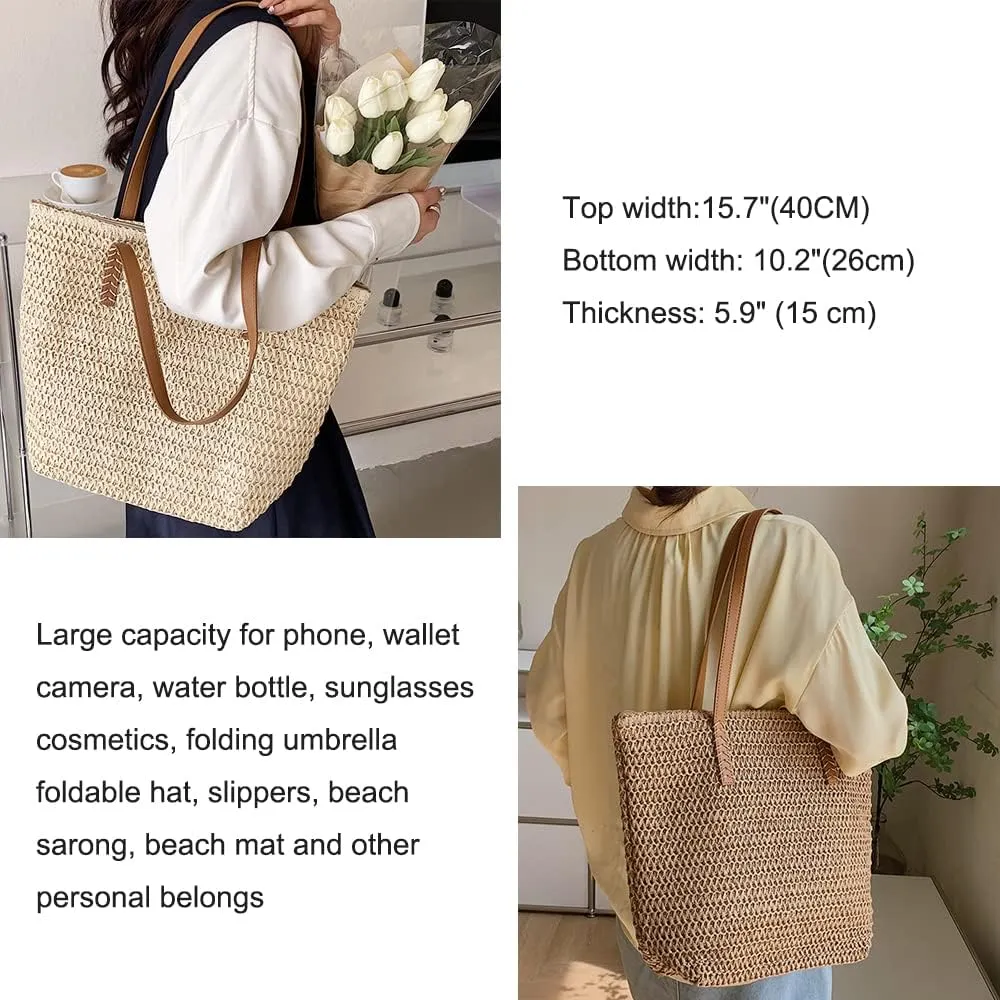 Large Straw Beach Bag for Womens, Straw Handbag Woven Tote Bag With Zipper Summer Straw Shoulder Bag