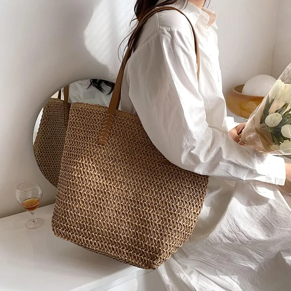 Large Straw Beach Bag for Womens, Straw Handbag Woven Tote Bag With Zipper Summer Straw Shoulder Bag