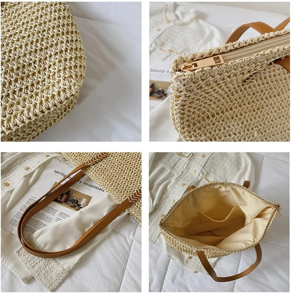 Large Straw Beach Bag for Womens, Straw Handbag Woven Tote Bag With Zipper Summer Straw Shoulder Bag
