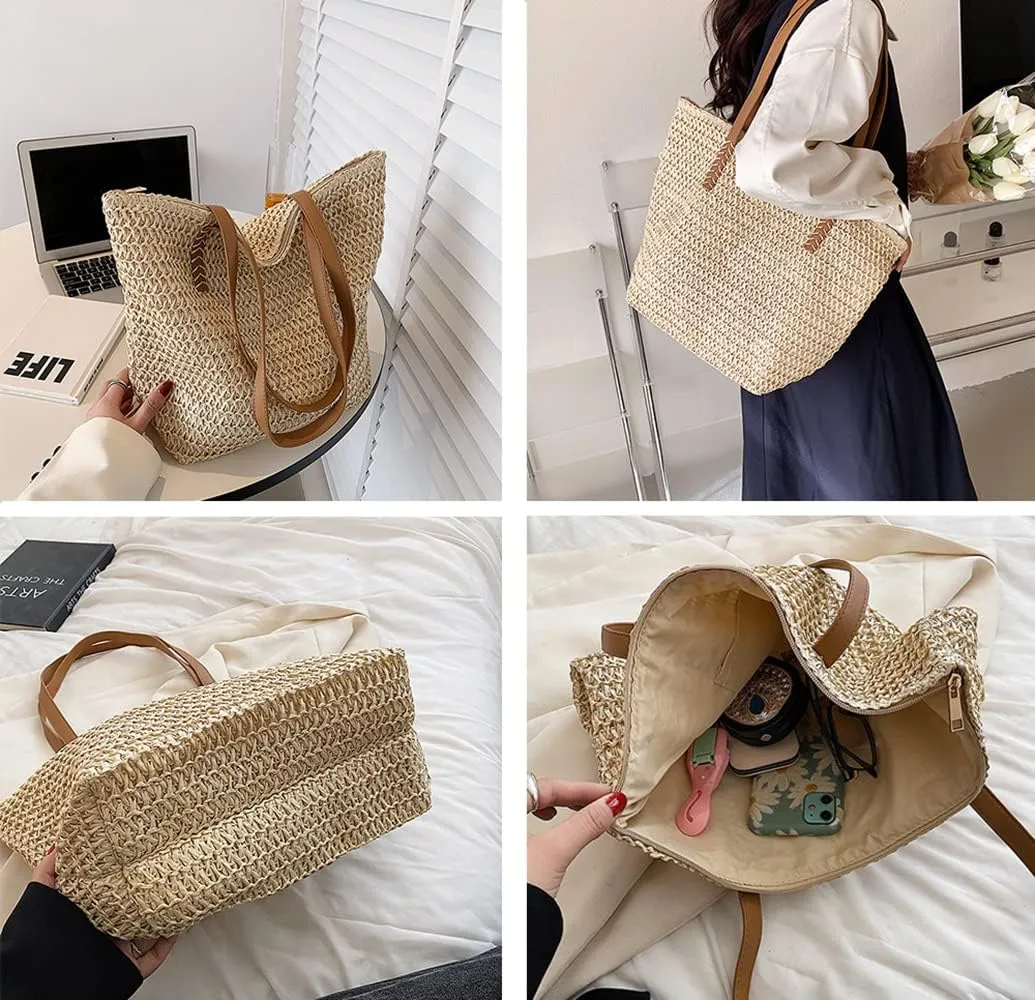 Large Straw Beach Bag for Womens, Straw Handbag Woven Tote Bag With Zipper Summer Straw Shoulder Bag