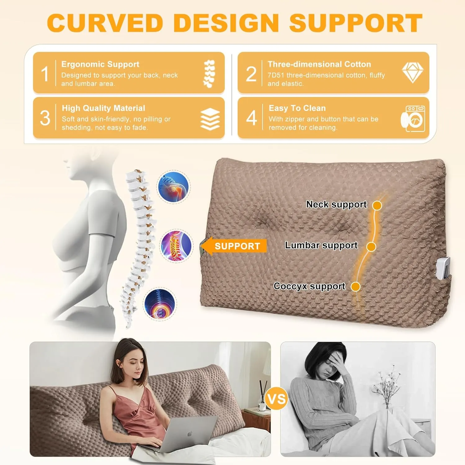 Large Triangular Headboard Wedge Pillow Soft and Supportive Headboard Backrest Positioning Support Bolster Cushion, Bed Wedge Pillow with Removable Cover(Brown,Queen,59x8x20inch)