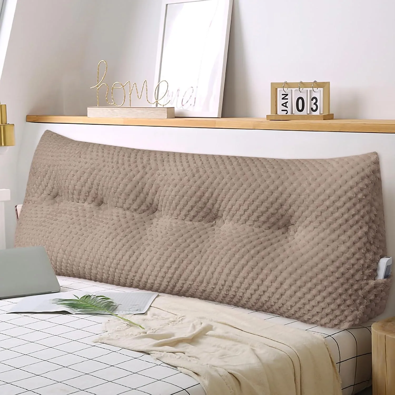 Large Triangular Headboard Wedge Pillow Soft and Supportive Headboard Backrest Positioning Support Bolster Cushion, Bed Wedge Pillow with Removable Cover(Brown,Queen,59x8x20inch)