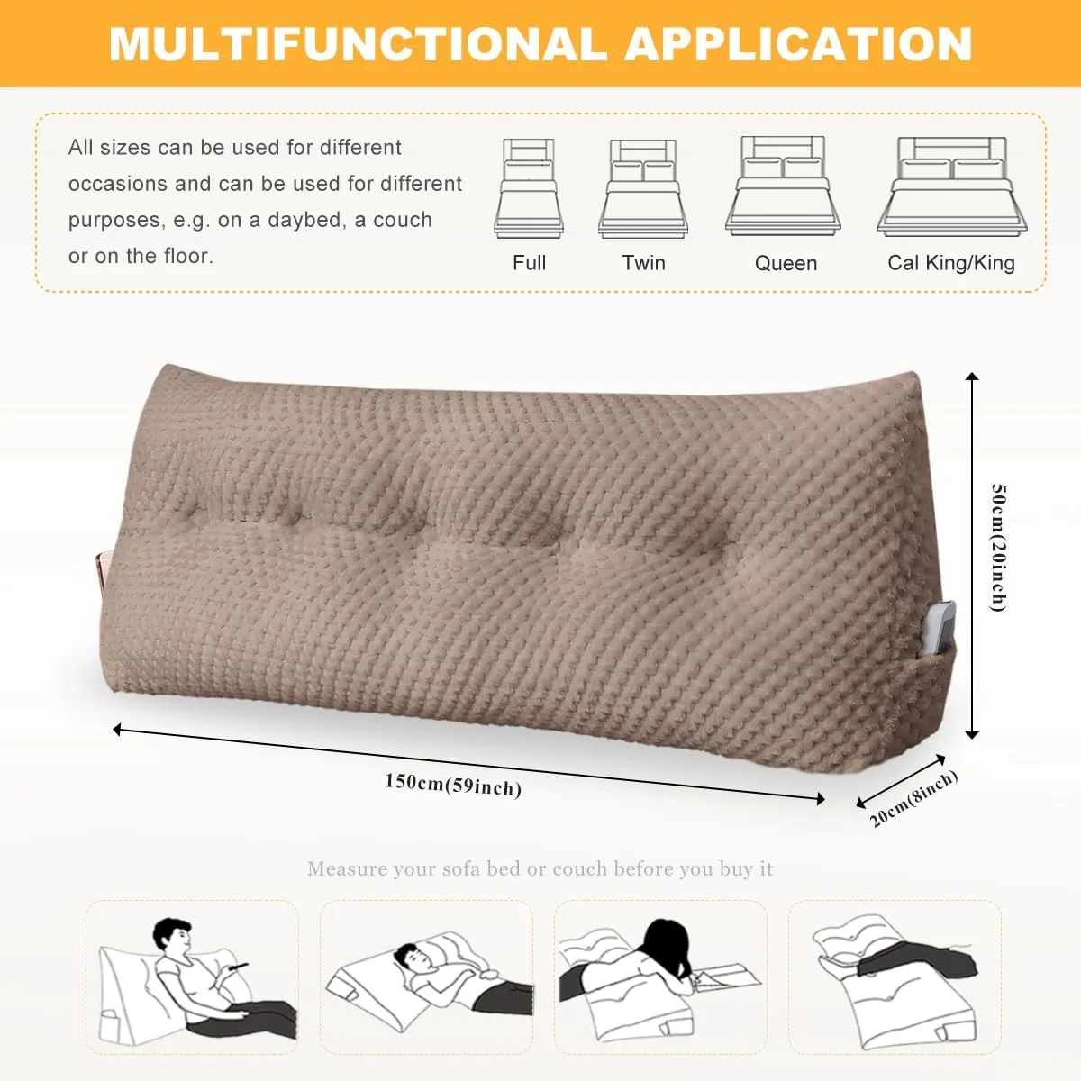 Large Triangular Headboard Wedge Pillow Soft and Supportive Headboard Backrest Positioning Support Bolster Cushion, Bed Wedge Pillow with Removable Cover(Brown,Queen,59x8x20inch)