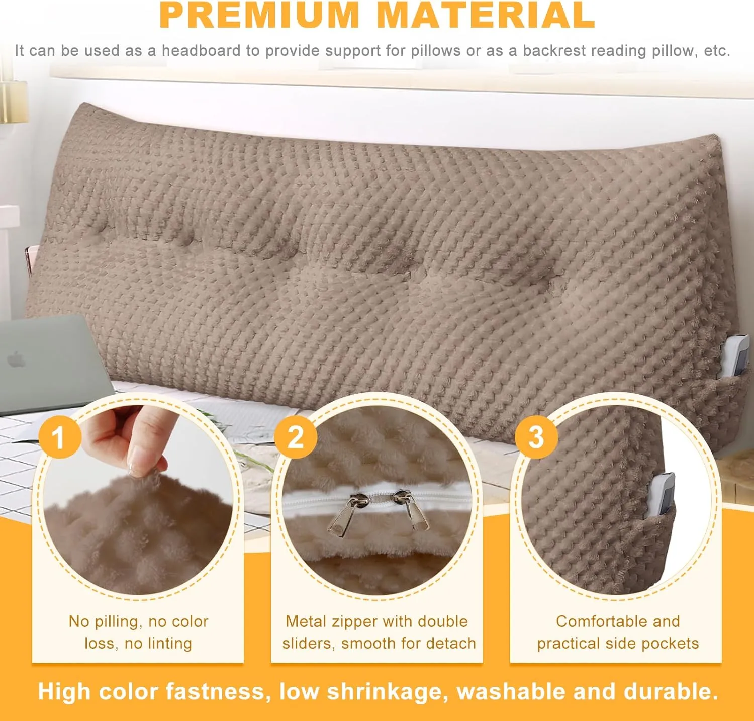 Large Triangular Headboard Wedge Pillow Soft and Supportive Headboard Backrest Positioning Support Bolster Cushion, Bed Wedge Pillow with Removable Cover(Brown,Queen,59x8x20inch)