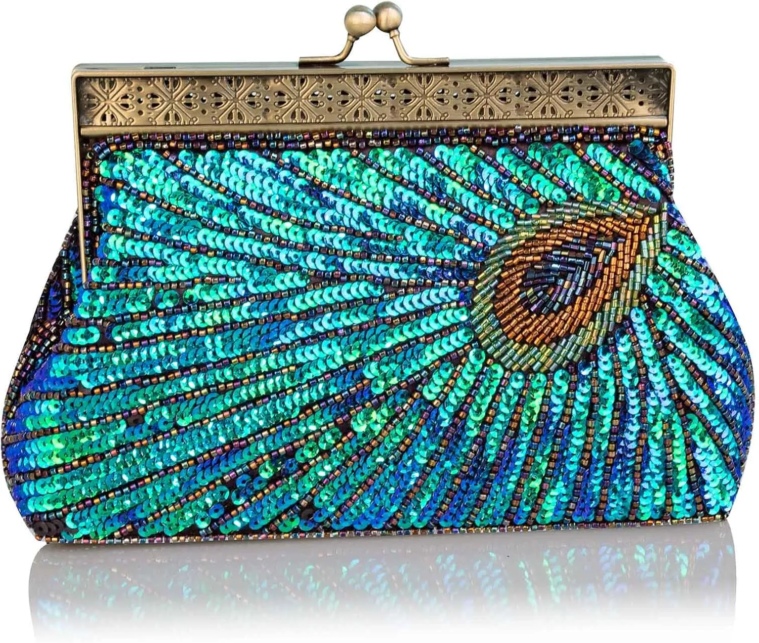 Large Vintage Style Beaded And Sequined Evening Bag Wedding Party Handbag Clutch Purse for Women Evening (Peacock blue)