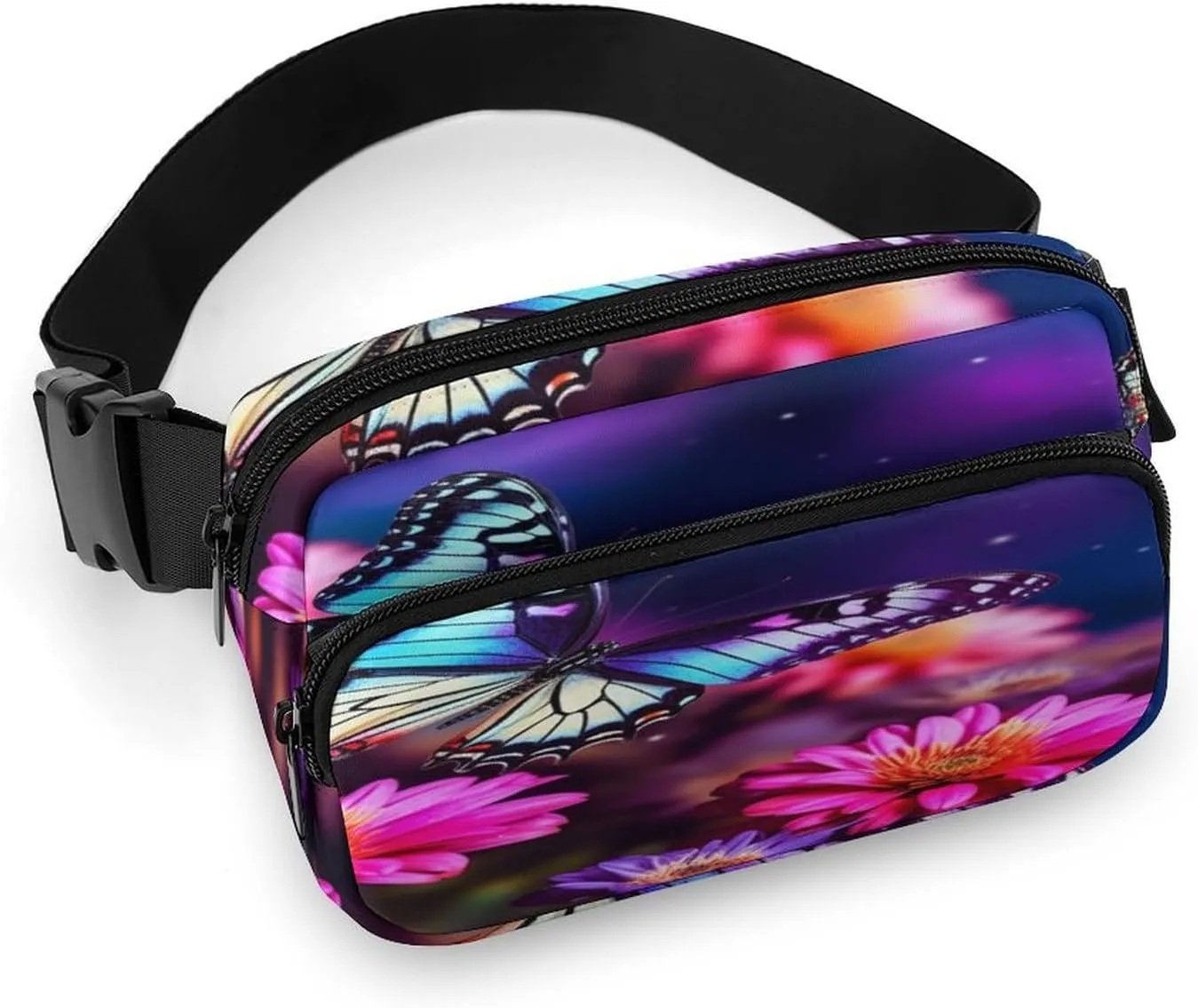Large Waist Packs with Adjustable Strap,Butterfly Beautiful Flowers CrossBody Fanny Pack Casual Bag for Travel Sports Running Hiking