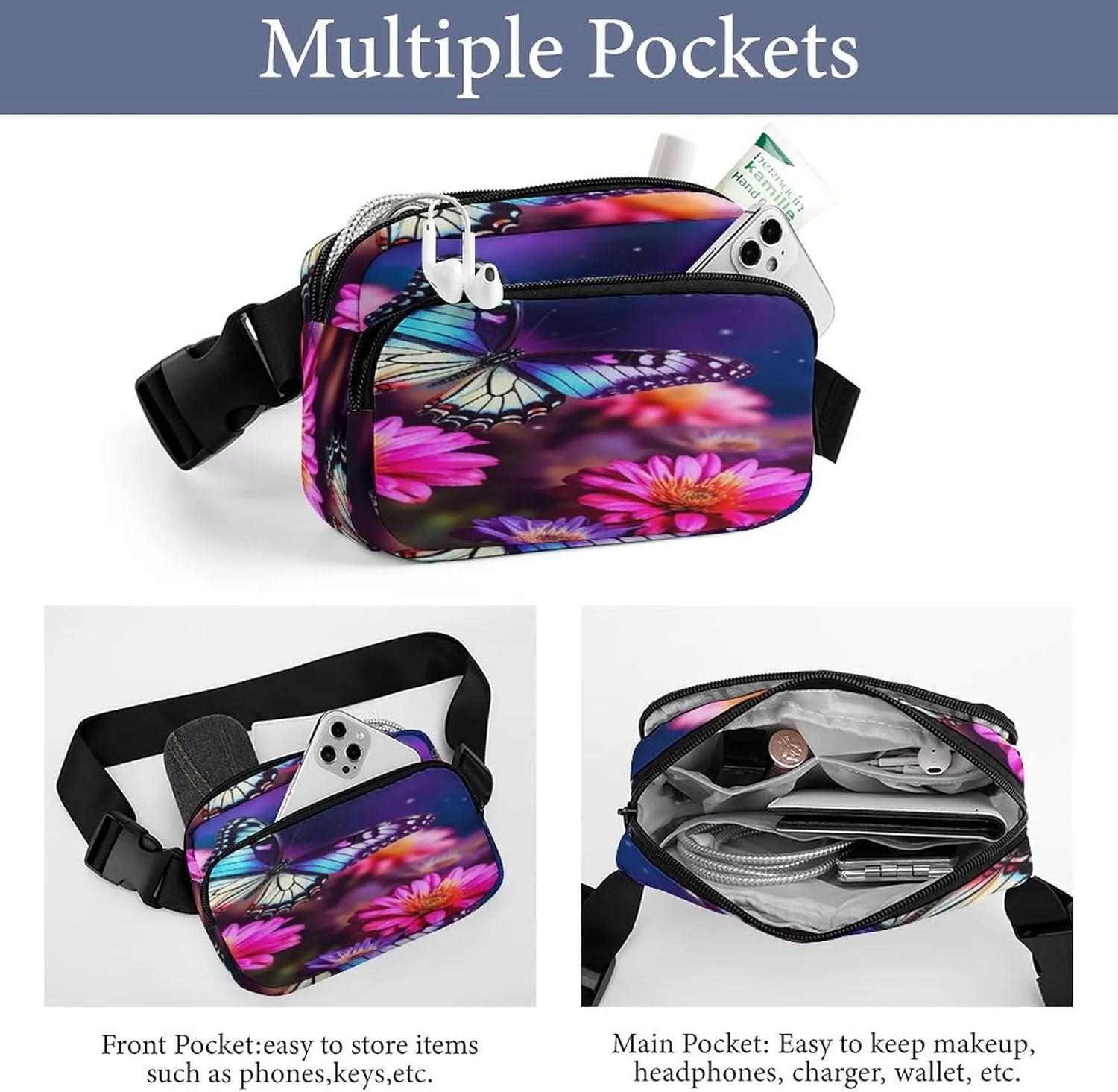 Large Waist Packs with Adjustable Strap,Butterfly Beautiful Flowers CrossBody Fanny Pack Casual Bag for Travel Sports Running Hiking