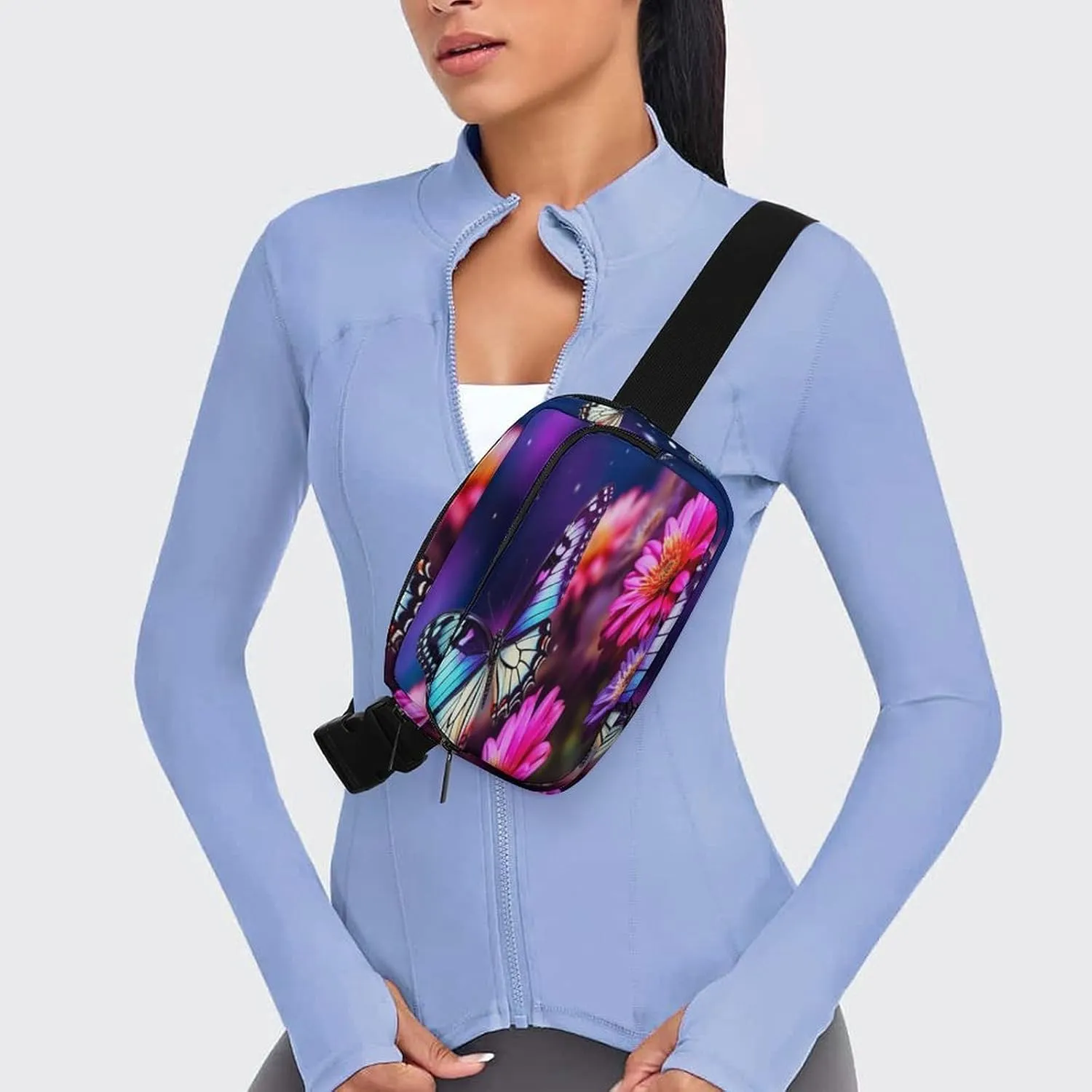 Large Waist Packs with Adjustable Strap,Butterfly Beautiful Flowers CrossBody Fanny Pack Casual Bag for Travel Sports Running Hiking