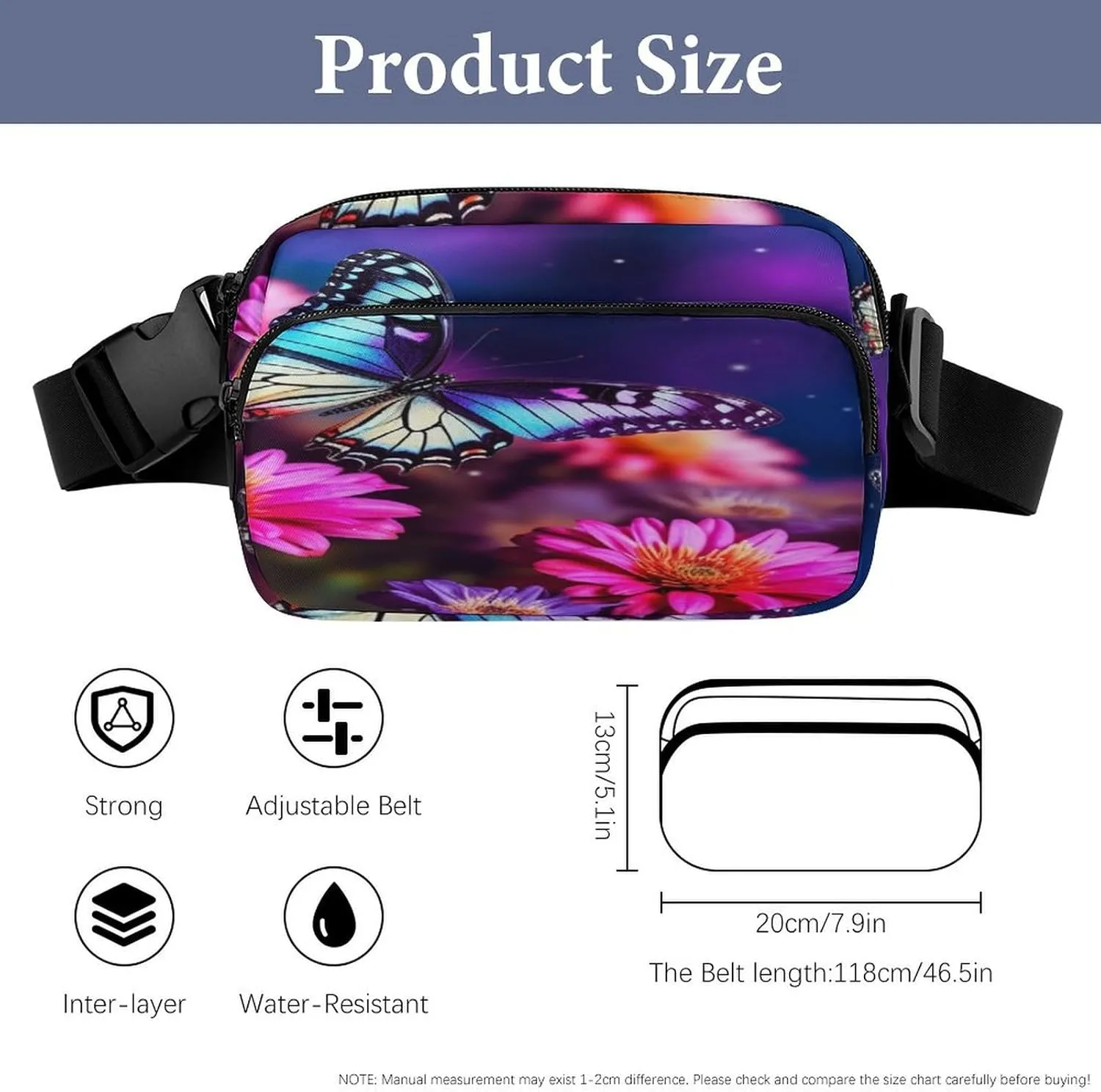 Large Waist Packs with Adjustable Strap,Butterfly Beautiful Flowers CrossBody Fanny Pack Casual Bag for Travel Sports Running Hiking