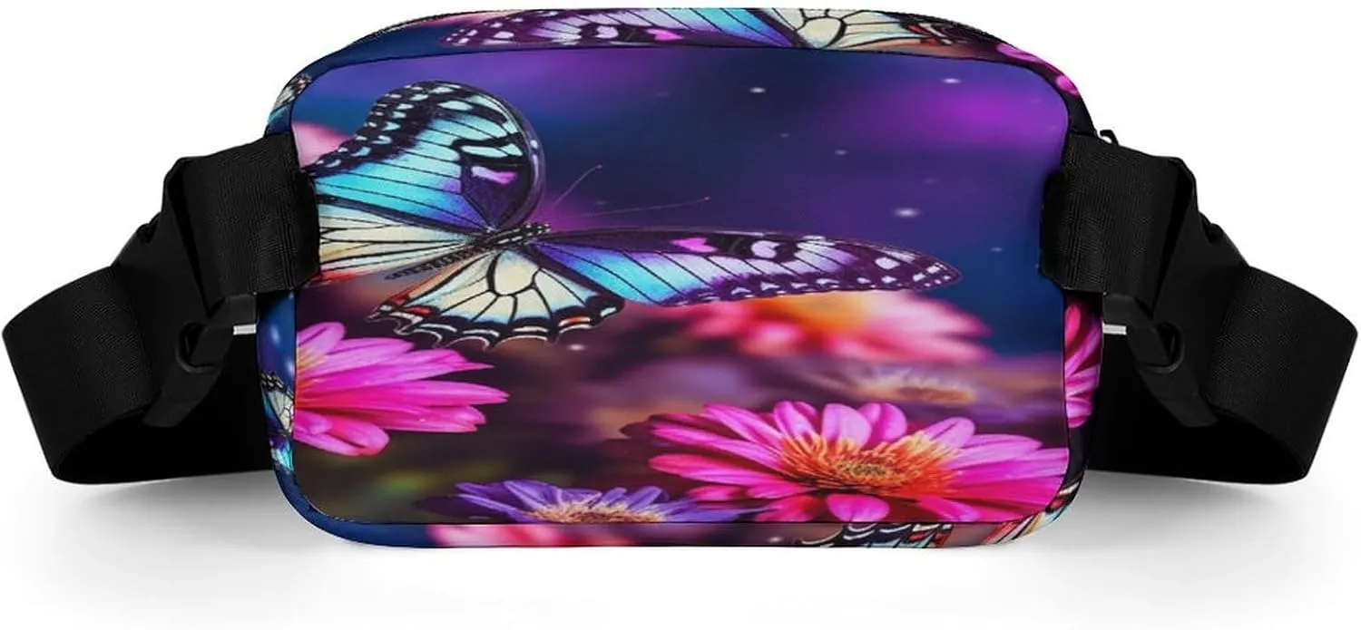 Large Waist Packs with Adjustable Strap,Butterfly Beautiful Flowers CrossBody Fanny Pack Casual Bag for Travel Sports Running Hiking
